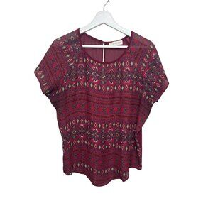 Umgee Top Womens Size S Short Sleeve Sheer Peasant Boho Casual Red Blue Shirt